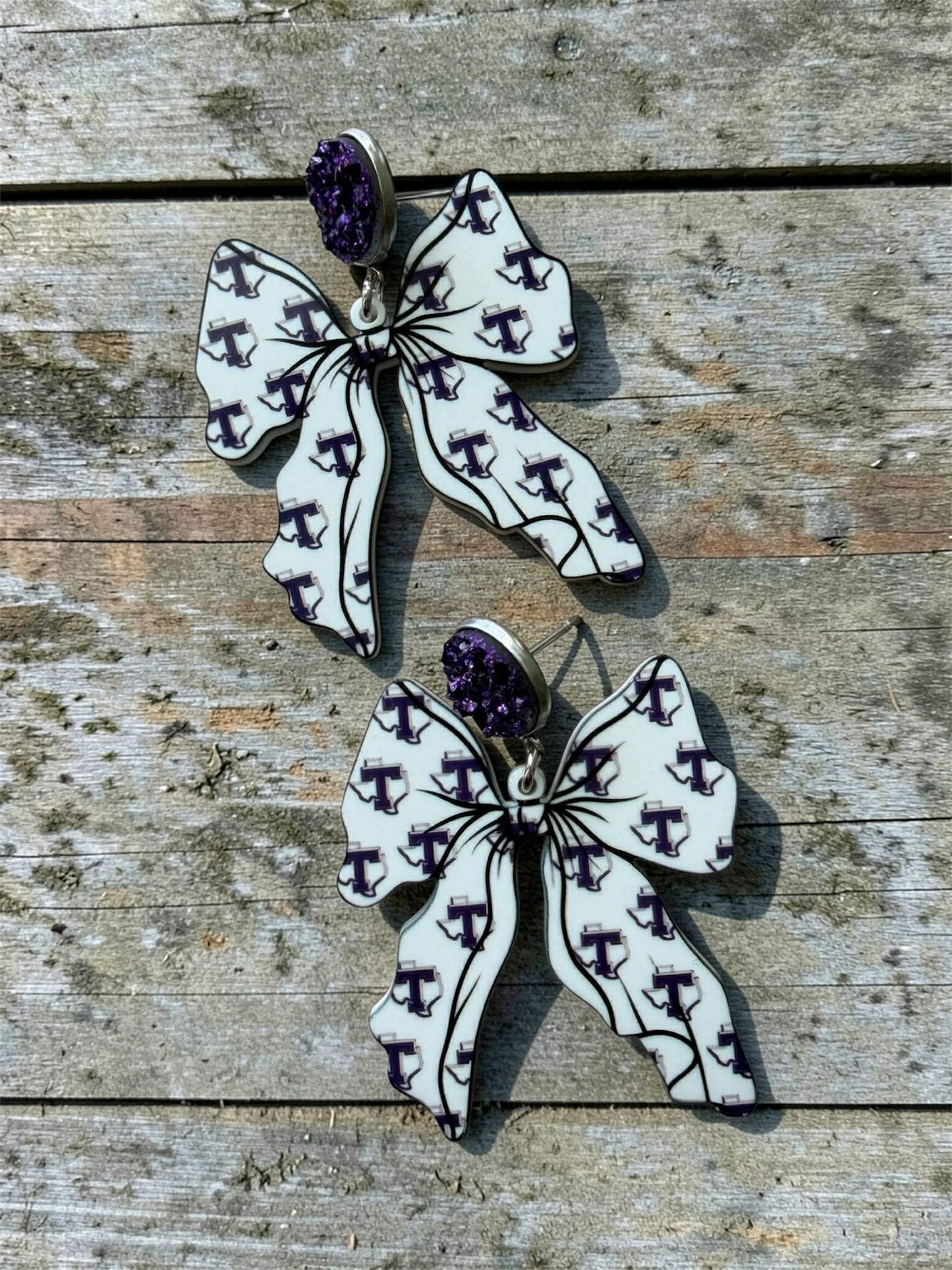 Tarleton Bow Dangle Earrings – Purple Glitter Stud Bow Earrings | Game Day Jewelry | Tarleton Spirit Accessories