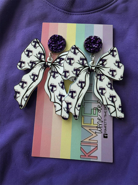 Tarleton Bow Dangle Earrings – Purple Glitter Stud Bow Earrings | Game Day Jewelry | Tarleton Spirit Accessories