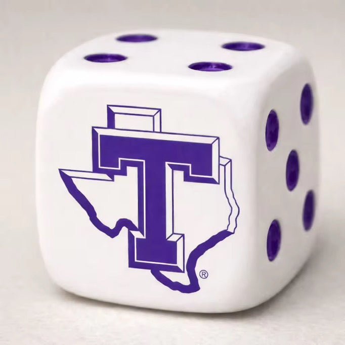 Tarleton Dice Set – 22mm Oversized Dice (Set of 2) | Purple Dot Game Dice with Tarleton Logo | College Game Night Accessory