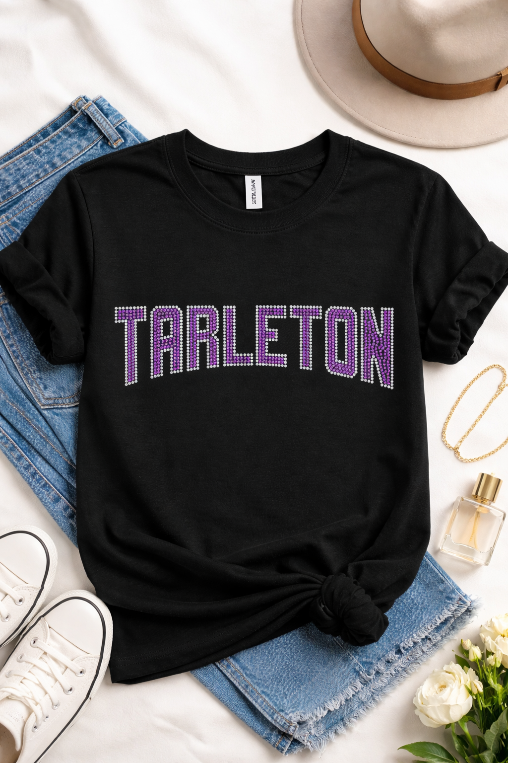 Tarleton Rhinestone T-Shirt – Licensed & Approved | Purple Bling Game Day Tee | Tarleton Spirit Shirt | Black Tee