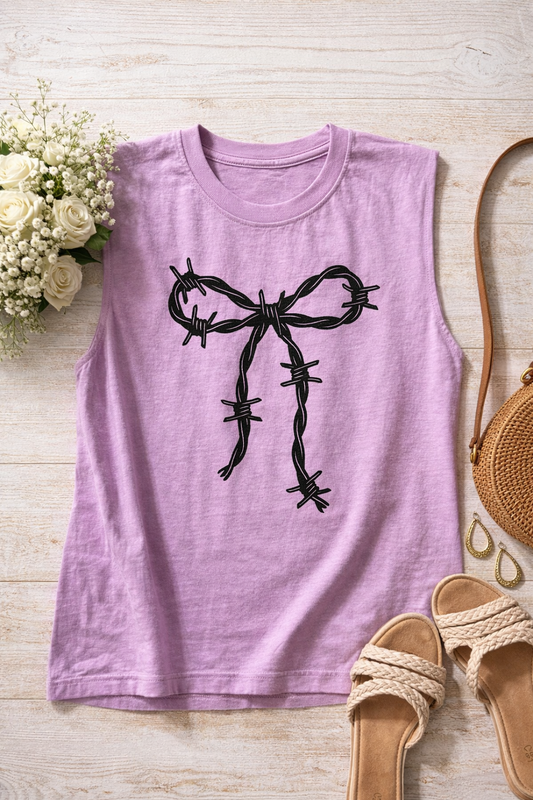 Barbed Wire Bow Muscle Tank | Western Graphic Tank Top | Lavender Purple Sleeveless Tee | Cowgirl Boutique Shirt