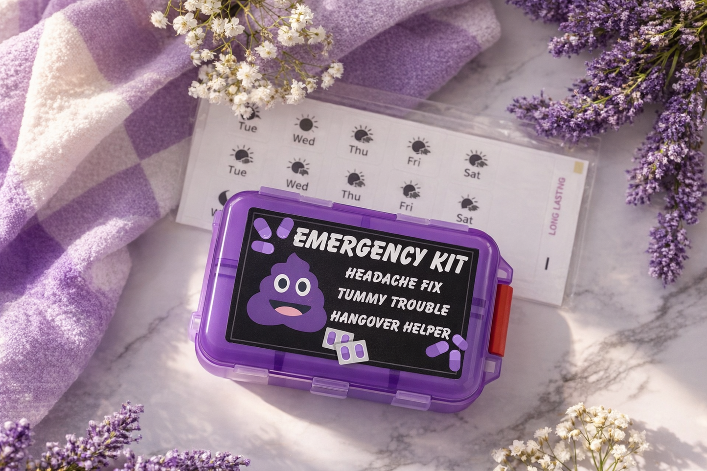 Purple Emergency Kit Travel Pill Organizer – “Headache Fix, Tummy Trouble, Hangover Helper” Purple Case