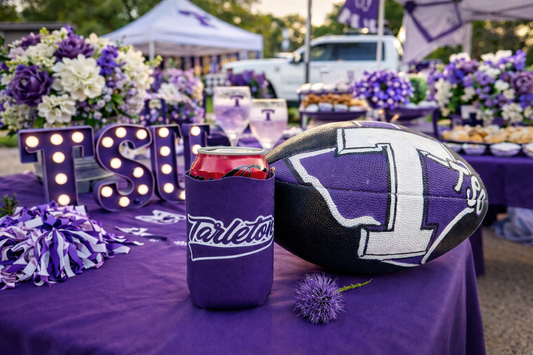 Licensed Tarleton Koozie with Scalloped Edge | Collapsible Drink Sleeve | Purple Texan Game Day Tailgate Essential