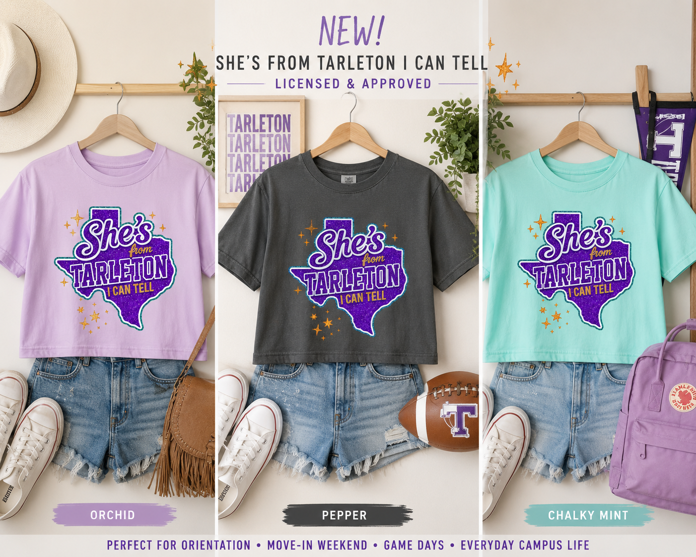 Comfort Colors® Boxy Tee – “She’s From Tarleton I Can Tell” Graphic T-Shirt | Orchid, Pepper & Chalky Mint
