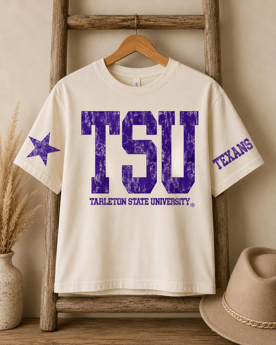 TSU Vintage Star Boxy Tee – Antique White | Licensed Tarleton State University Shirt