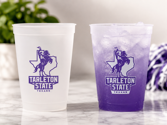 10 Licensed Tarleton State University Color Changing Frost Flex Cups| 16 oz Reusable Stadium Cup | Purple Cold Activated Game Day Cup