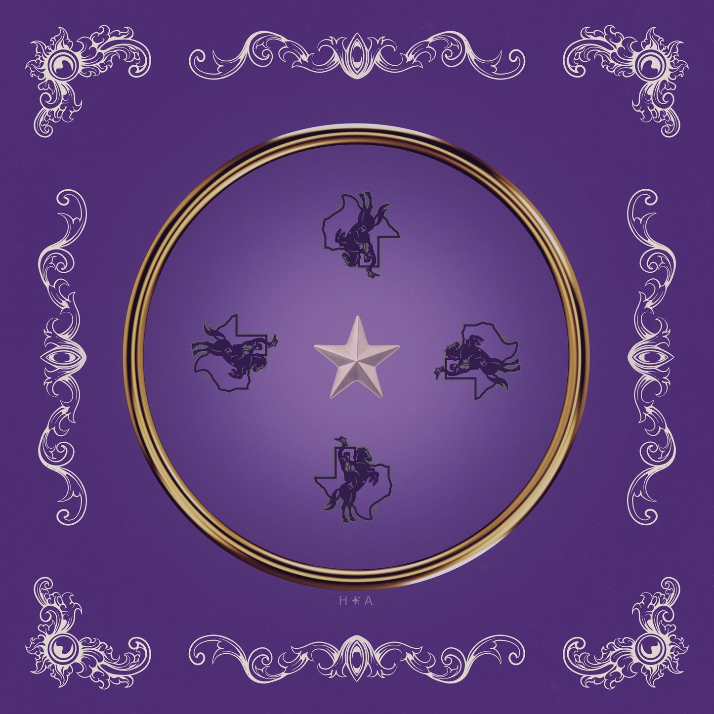 Licensed Tarleton State University mahjong mat in purple with gold ring, star and western rider design