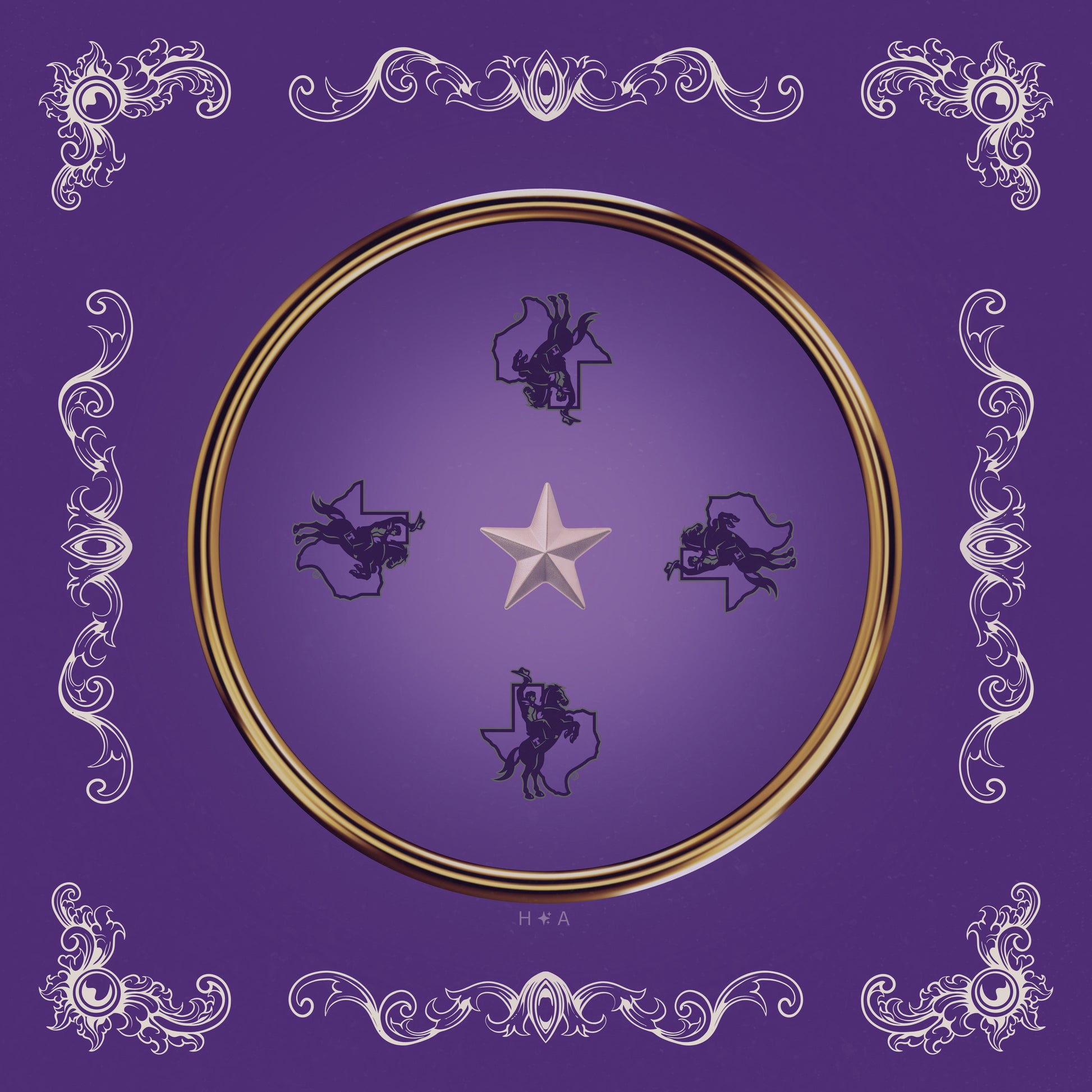 Licensed Tarleton State University mahjong mat in purple with gold ring, star and western rider design
