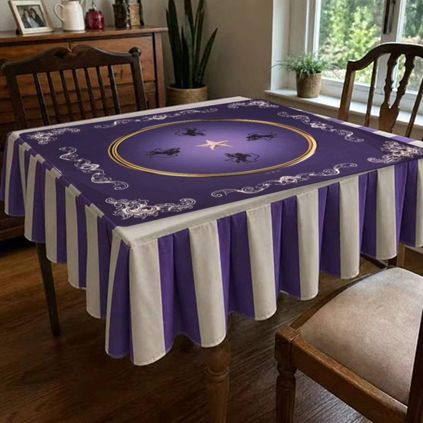 Tarleton mahjong mat on a purple and cream striped ruffle tablecloth, set on a square card table for game night