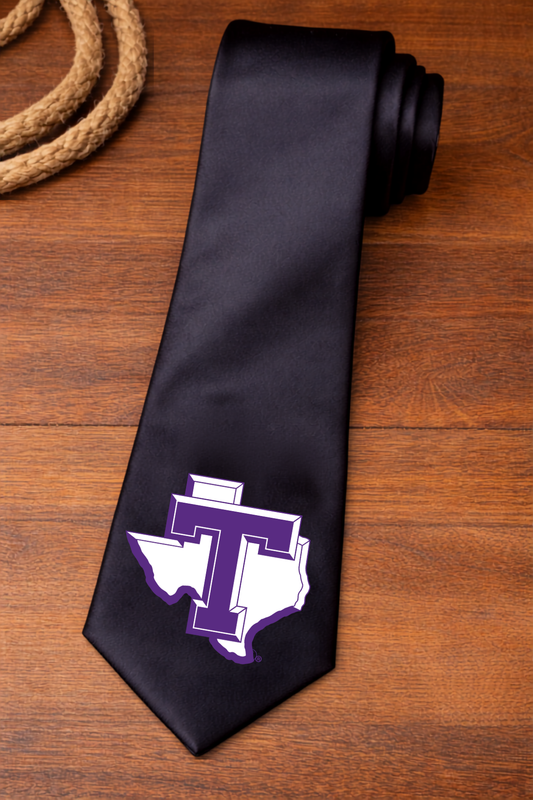 Tarleton State University Tie – Licensed Satin Necktie – Purple Texans Rodeo, Plowboys Cowboy, or Texas T Logo – Game Day & Graduation Gift