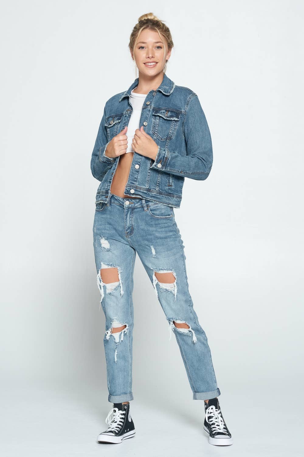 Officially Licensed Tarleton State University Dark Wash Denim Jacket with Rhinestone Hand Design
 | Heather & Annie Art.