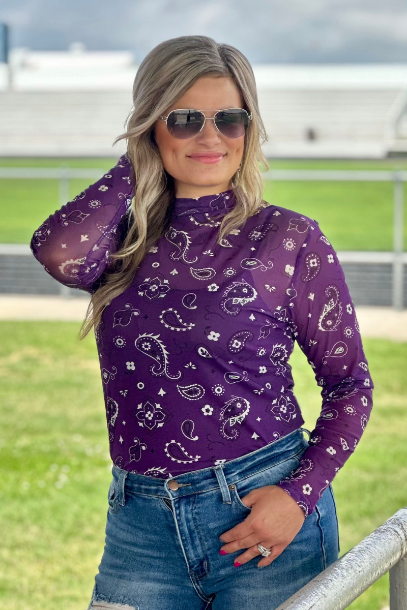 Purple Western Paisley Mesh Top | Boutique Cowgirl Outfit | Sheer Long Sleeve Western Shirt | Rodeo Style Top for Women