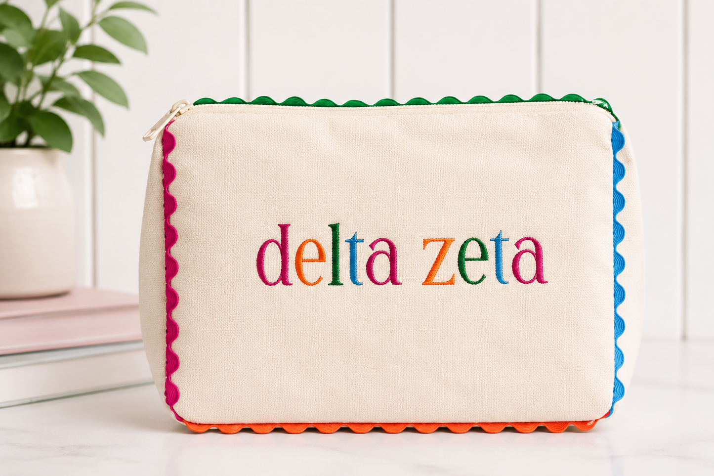 Licensed & Approved Delta Zeta® Cosmetic Bag | Embroidered Canvas Makeup Bag | Sorority Travel Pouch | Heather and Annie Art