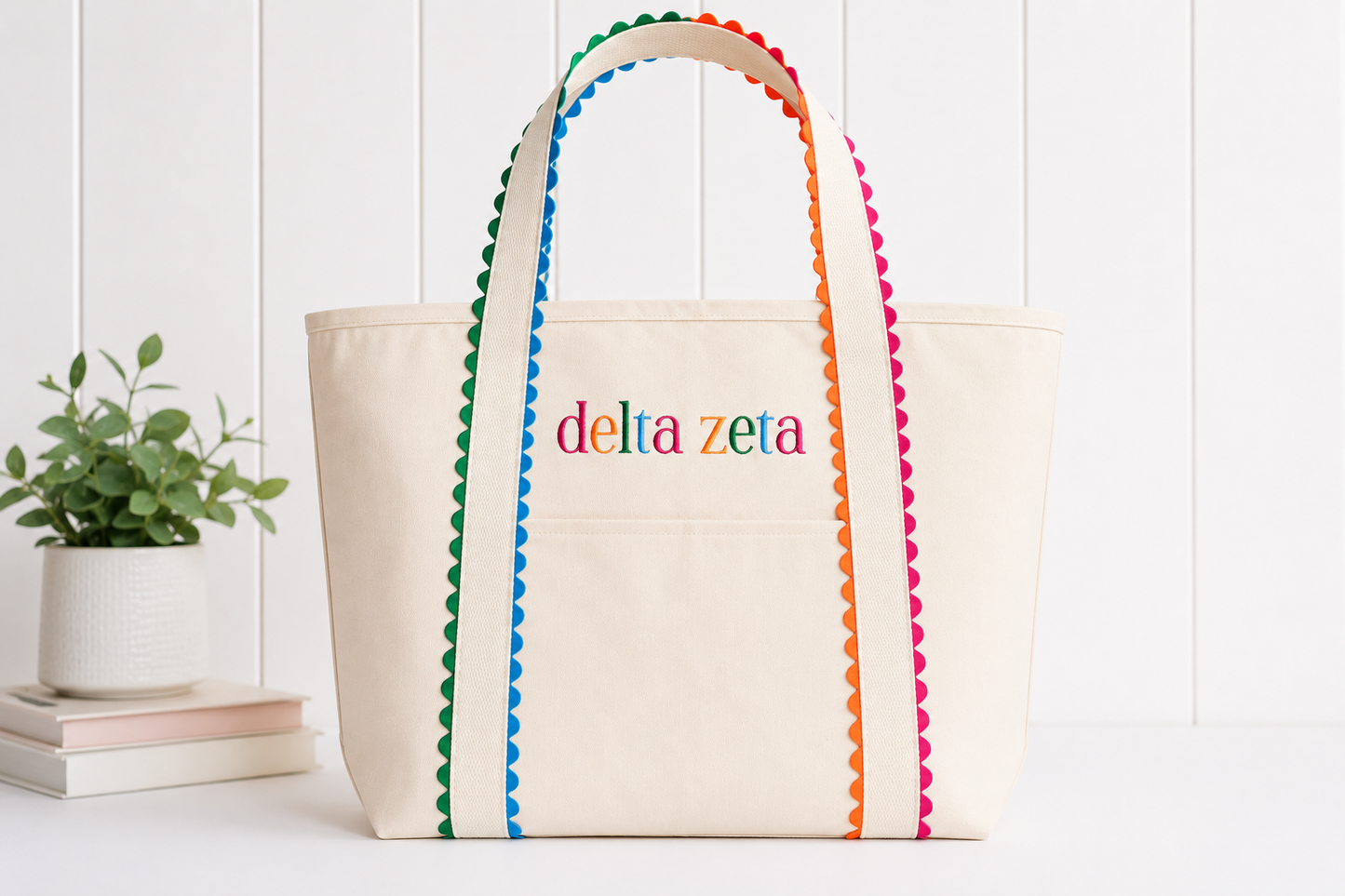 Licensed & Approved Delta Zeta® Embroidered Canvas Tote Bag | Large Sorority Tote | Everyday Carryall | Big Little Gift | Heather and Annie Art