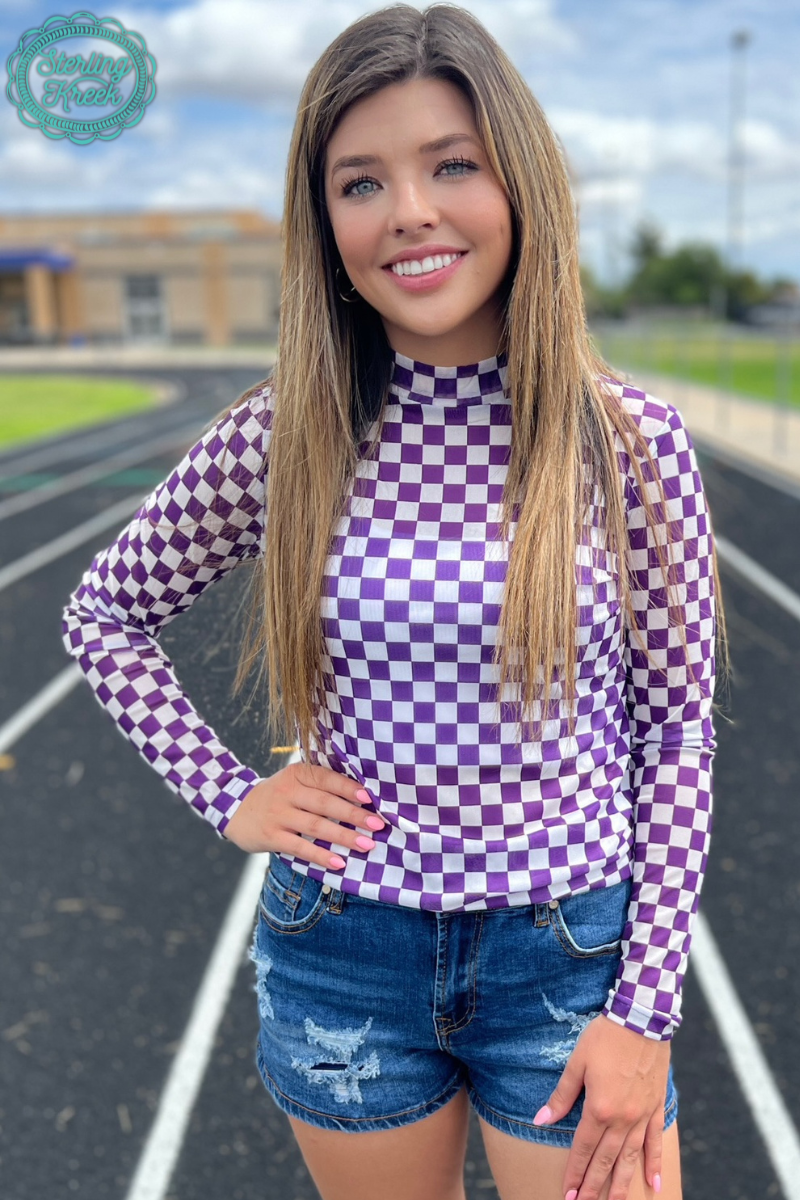 Spirit Wear Mesh Top – Purple & White Checkered | Game Day Outfit | Breathable Long Sleeve