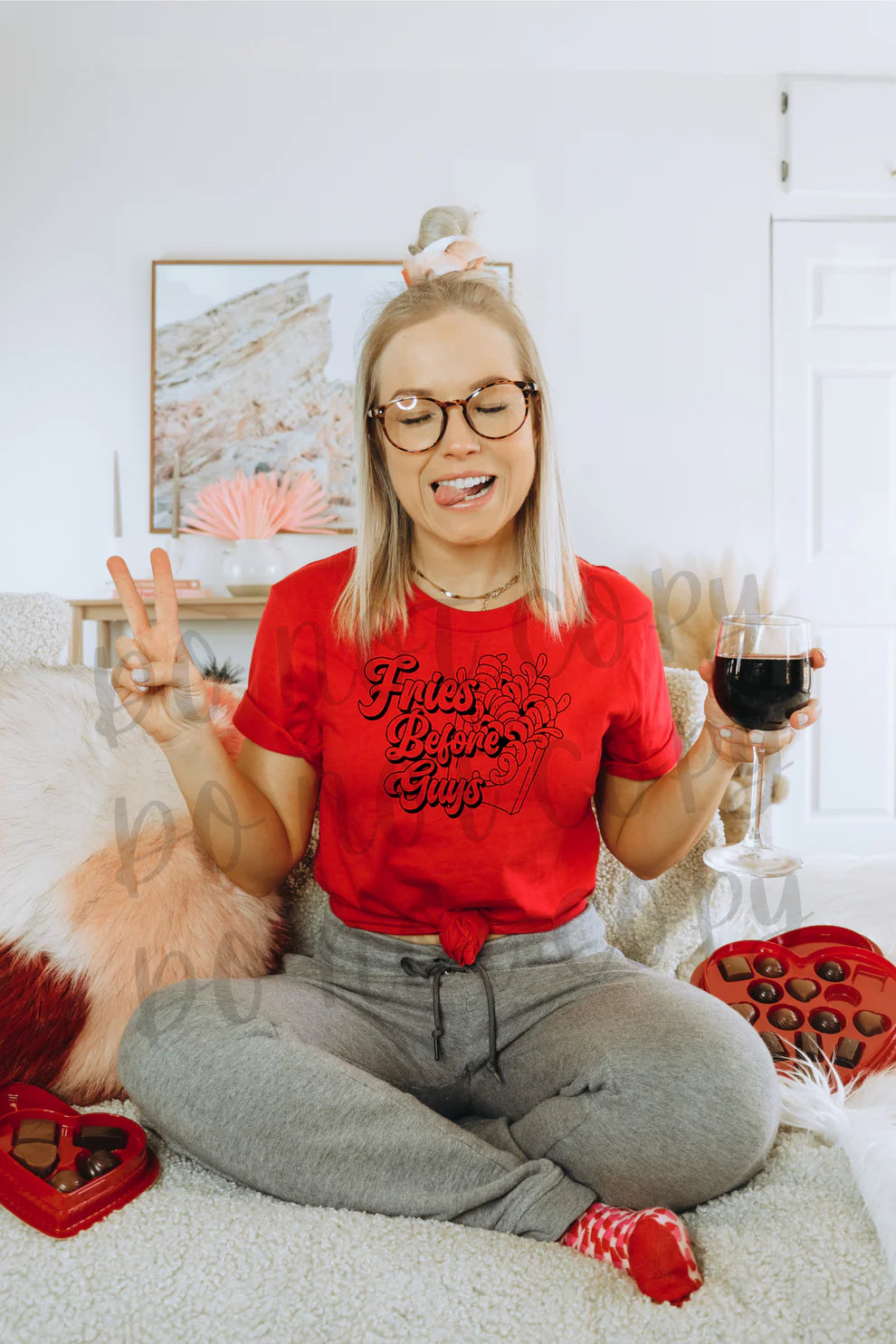 Red graphic t-shirt with “Fries Before Guys” text and fries illustration, funny food lover tee